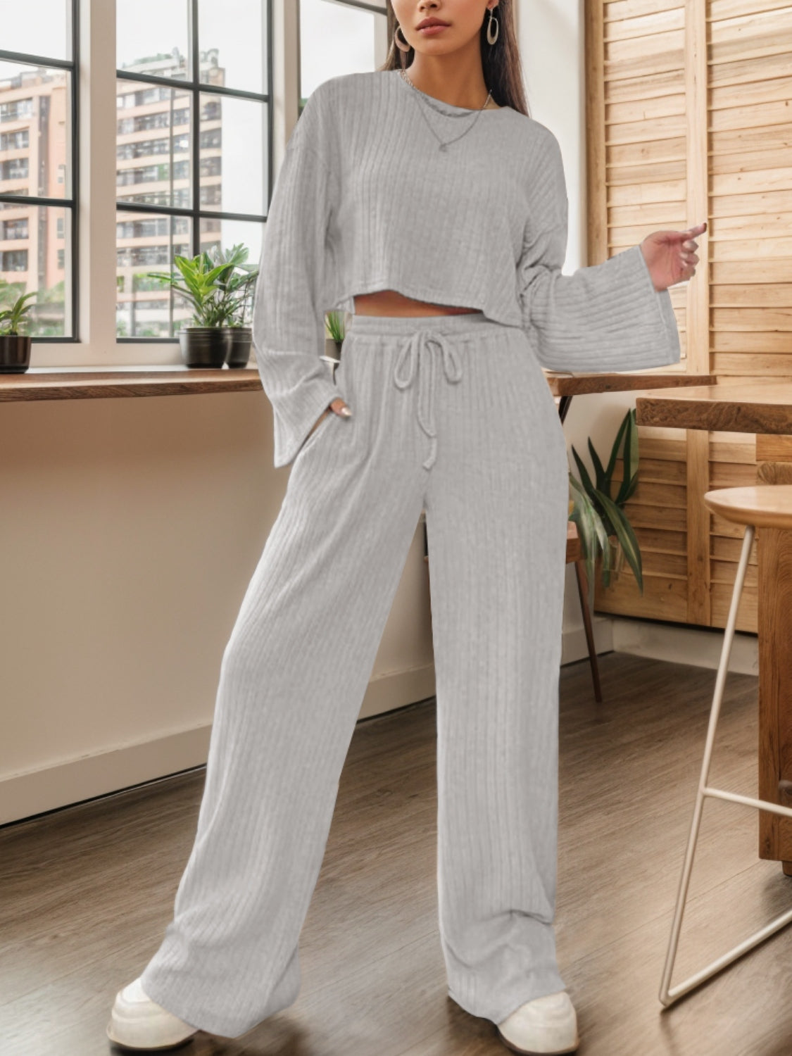 Ribbed Round Neck Top and Drawstring Pants Set