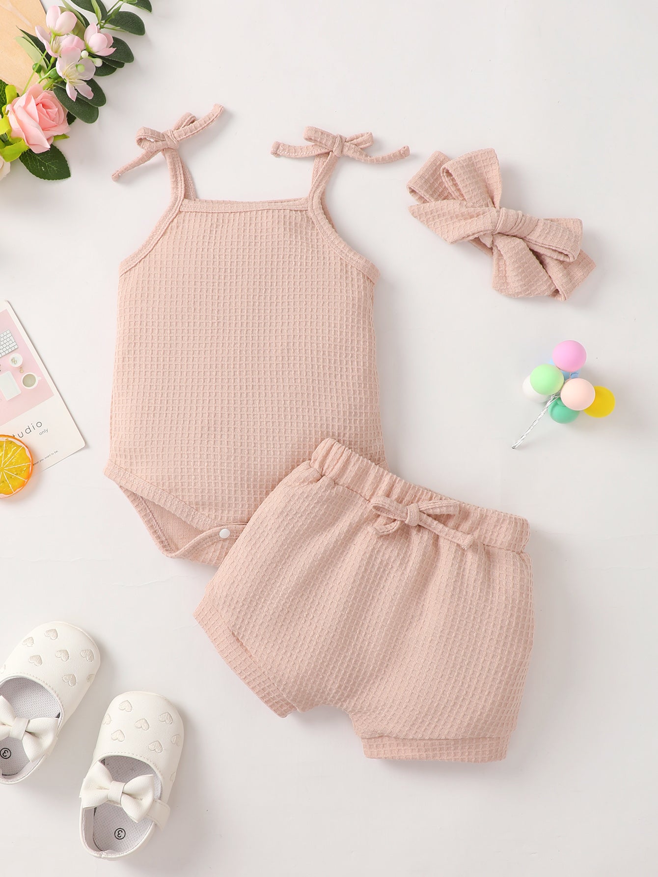 Baby Girl Waffle-Knit Tie-Shoulder Top and Shorts Set COCO CRESS