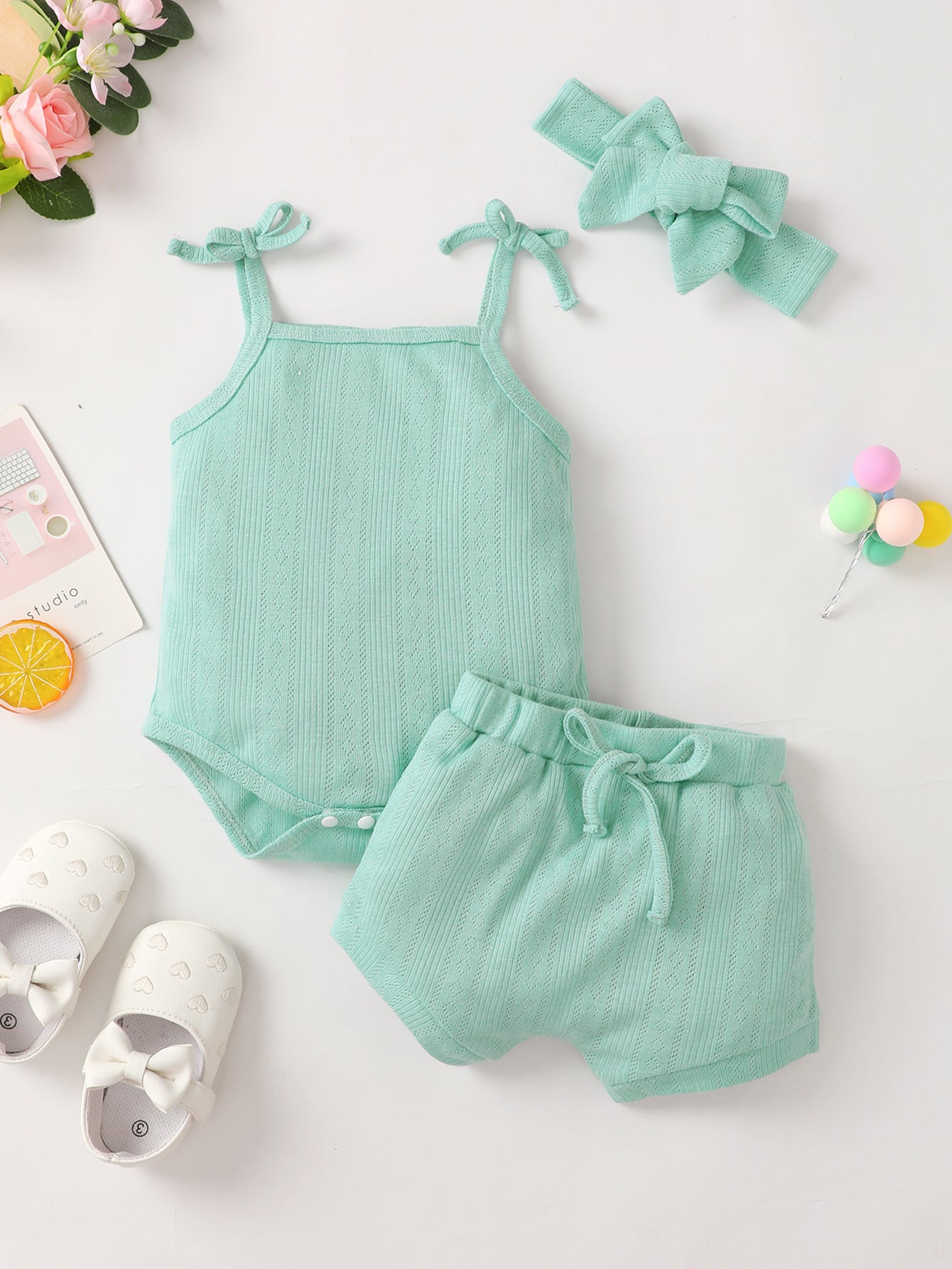 Baby Girl Waffle-Knit Tie-Shoulder Top and Shorts Set COCO CRESS