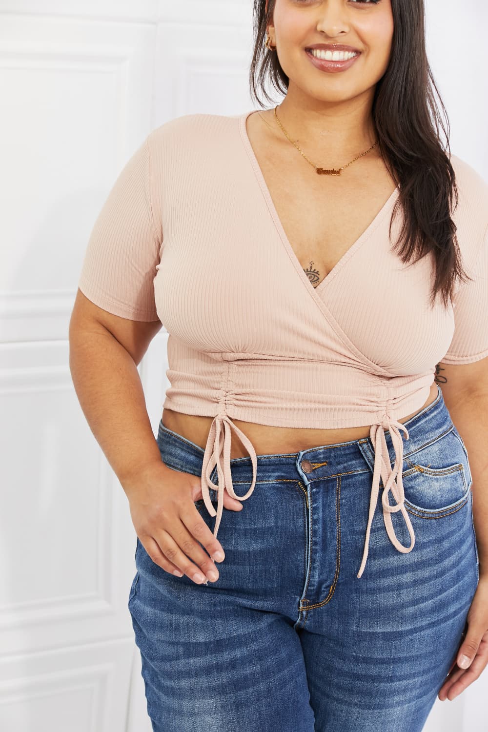 Capella Back To Simple Full Size Ribbed Front Scrunched Top in Blush COCO CRESS