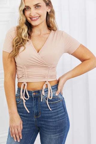 Capella Back To Simple Full Size Ribbed Front Scrunched Top in Blush COCO CRESS