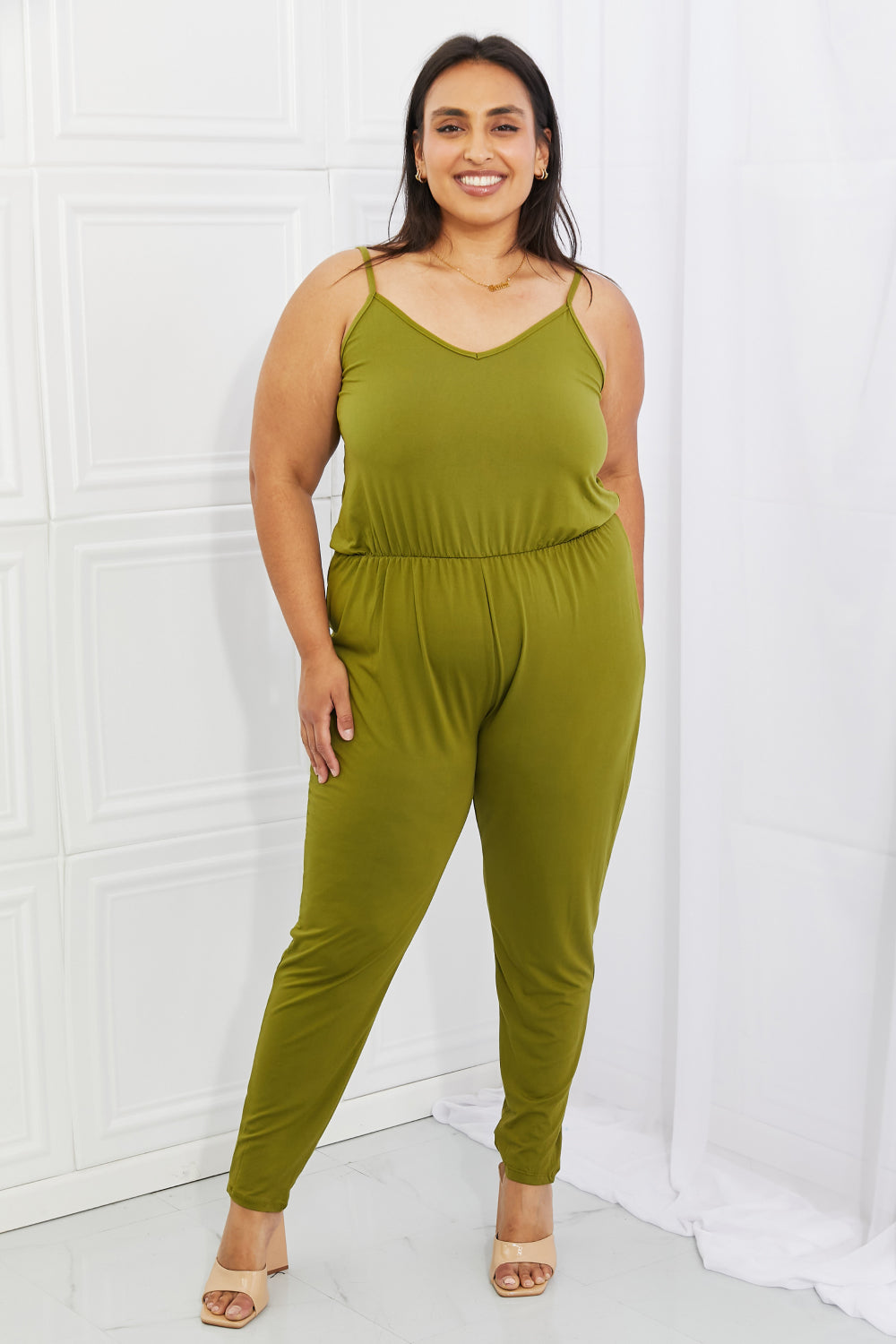 Capella Comfy Casual Full Size Solid Elastic Waistband Jumpsuit in Chartreuse COCO CRESS