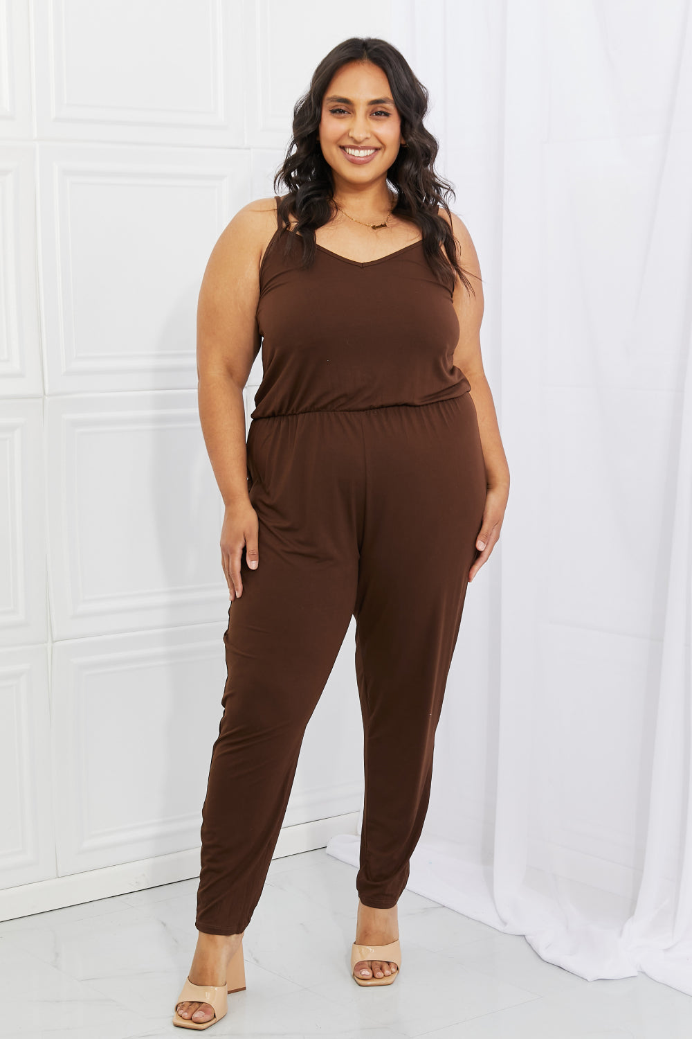 Capella Comfy Casual Full Size Solid Elastic Waistband Jumpsuit in Chocolate COCO CRESS