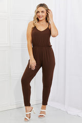 Capella Comfy Casual Full Size Solid Elastic Waistband Jumpsuit in Chocolate COCO CRESS