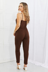 Capella Comfy Casual Full Size Solid Elastic Waistband Jumpsuit in Chocolate COCO CRESS