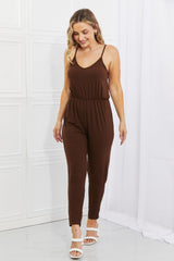 Capella Comfy Casual Full Size Solid Elastic Waistband Jumpsuit in Chocolate COCO CRESS