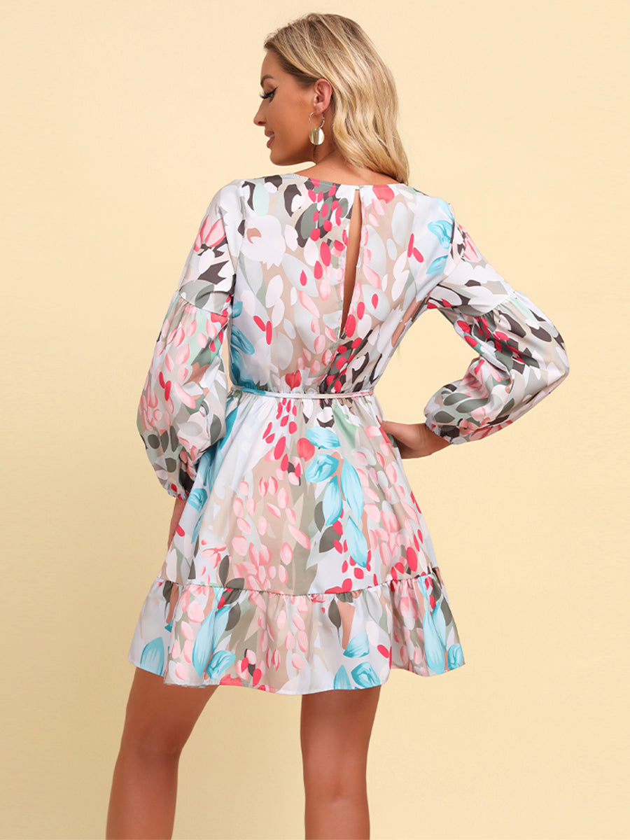 Full Size Printed Tie-Waist Puff Sleeve Surplice Dress COCO CRESS