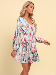 Full Size Printed Tie-Waist Puff Sleeve Surplice Dress COCO CRESS