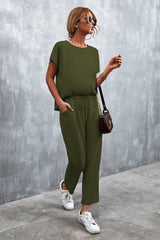 Full Size Round Neck Top and Drawstring Waist Pants Set COCO CRESS