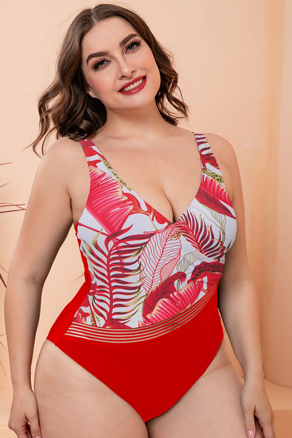 Full Size Two-Tone Plunge One-Piece Swimsuit COCO CRESS