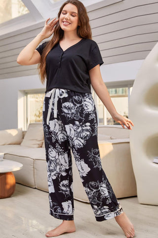 Full Size V-Neck Top and Floral Pants Lounge Set COCO CRESS