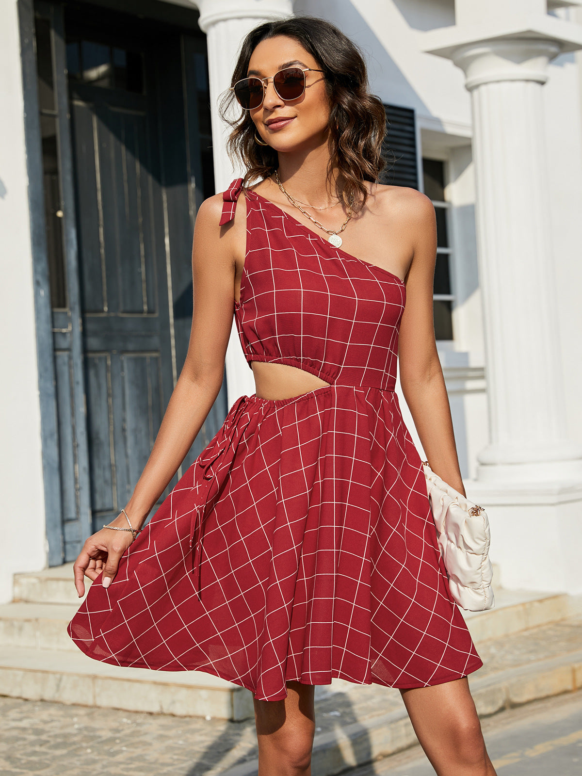 Grid One-Shoulder Tied Cutout Dress COCO CRESS