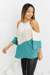 Hailey & Co Full Size Color Block Cold-Shoulder Blouse COCO CRESS