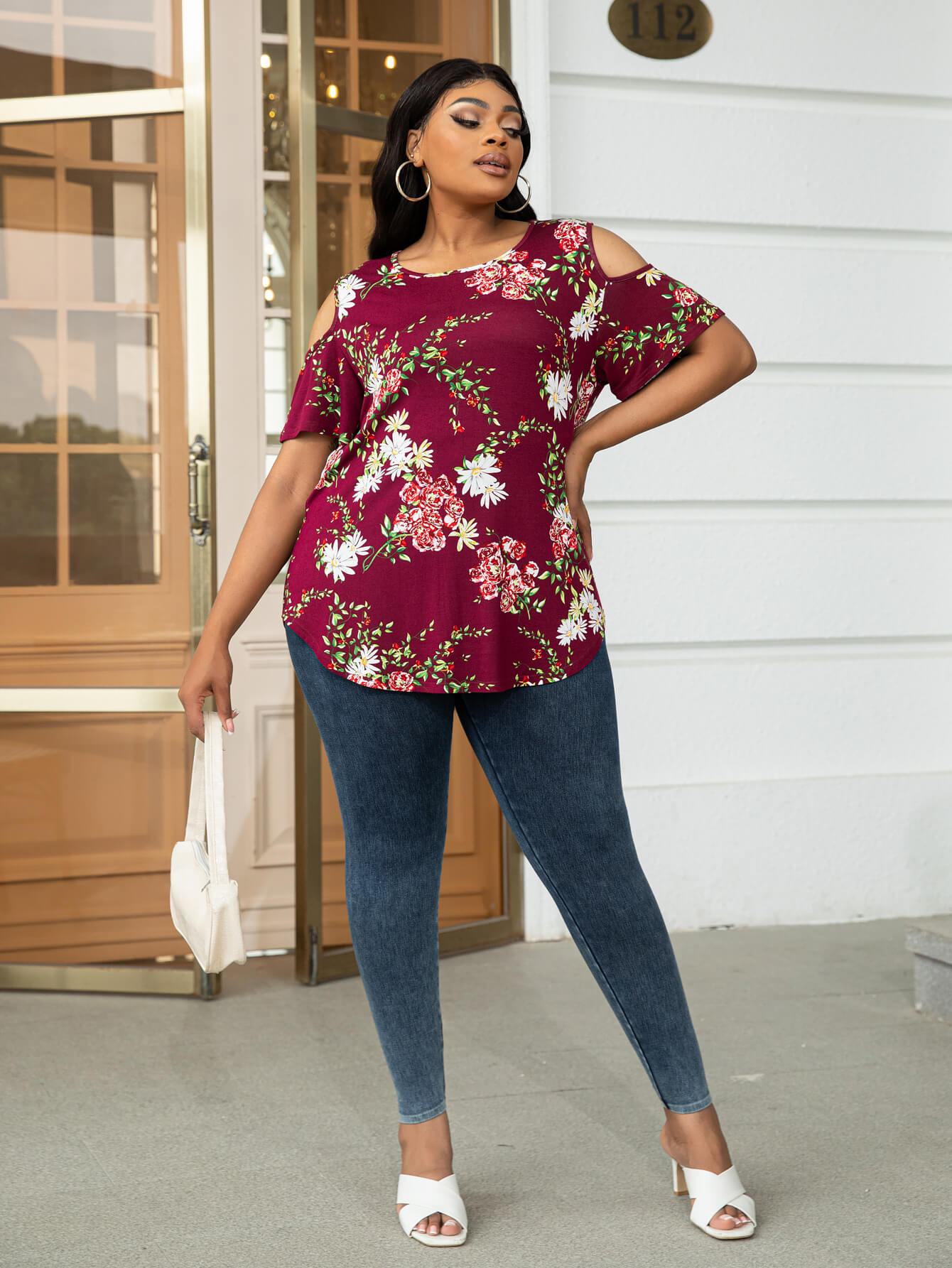 Plus Size Cold-Shoulder Round Neck Curved Hem Tee COCO CRESS