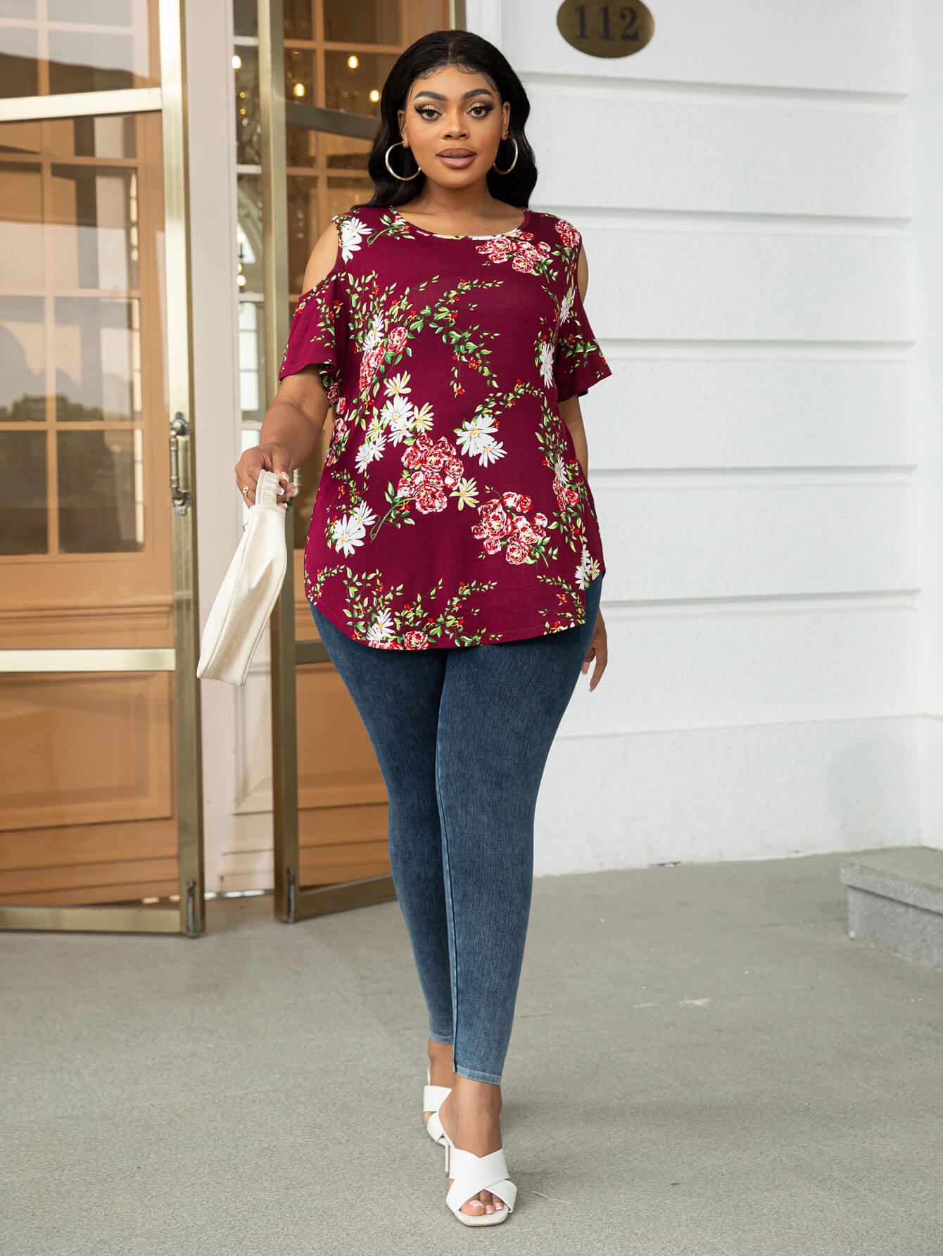 Plus Size Cold-Shoulder Round Neck Curved Hem Tee COCO CRESS