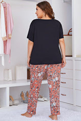 Plus Size Contrast Round Neck Tee and Floral Pants Lounge Set COCO CRESS