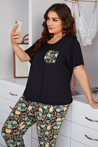 Plus Size Contrast Round Neck Tee and Floral Pants Lounge Set COCO CRESS