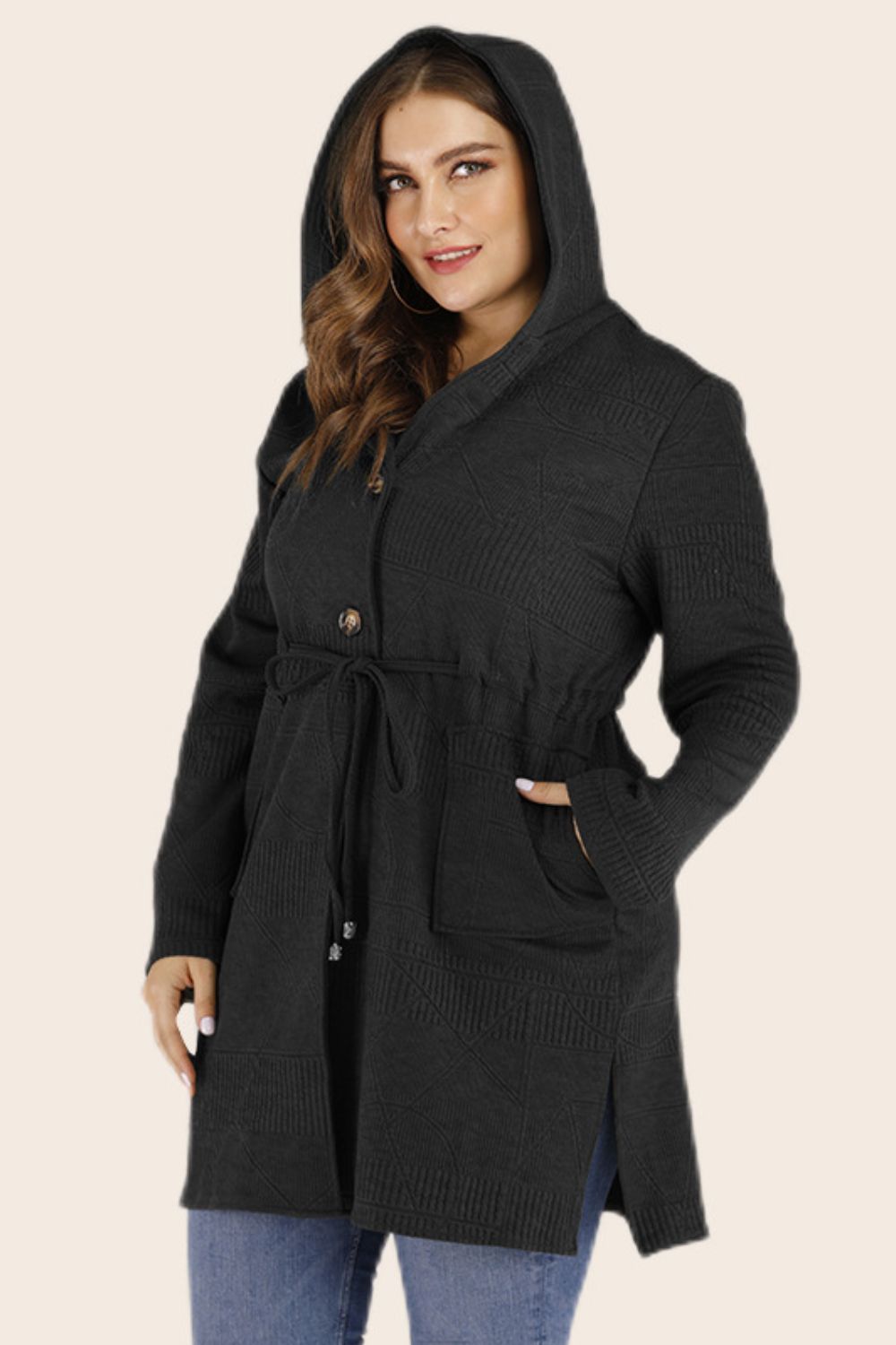 Plus Size Drawstring Waist Hooded Cardigan with Pockets COCO CRESS