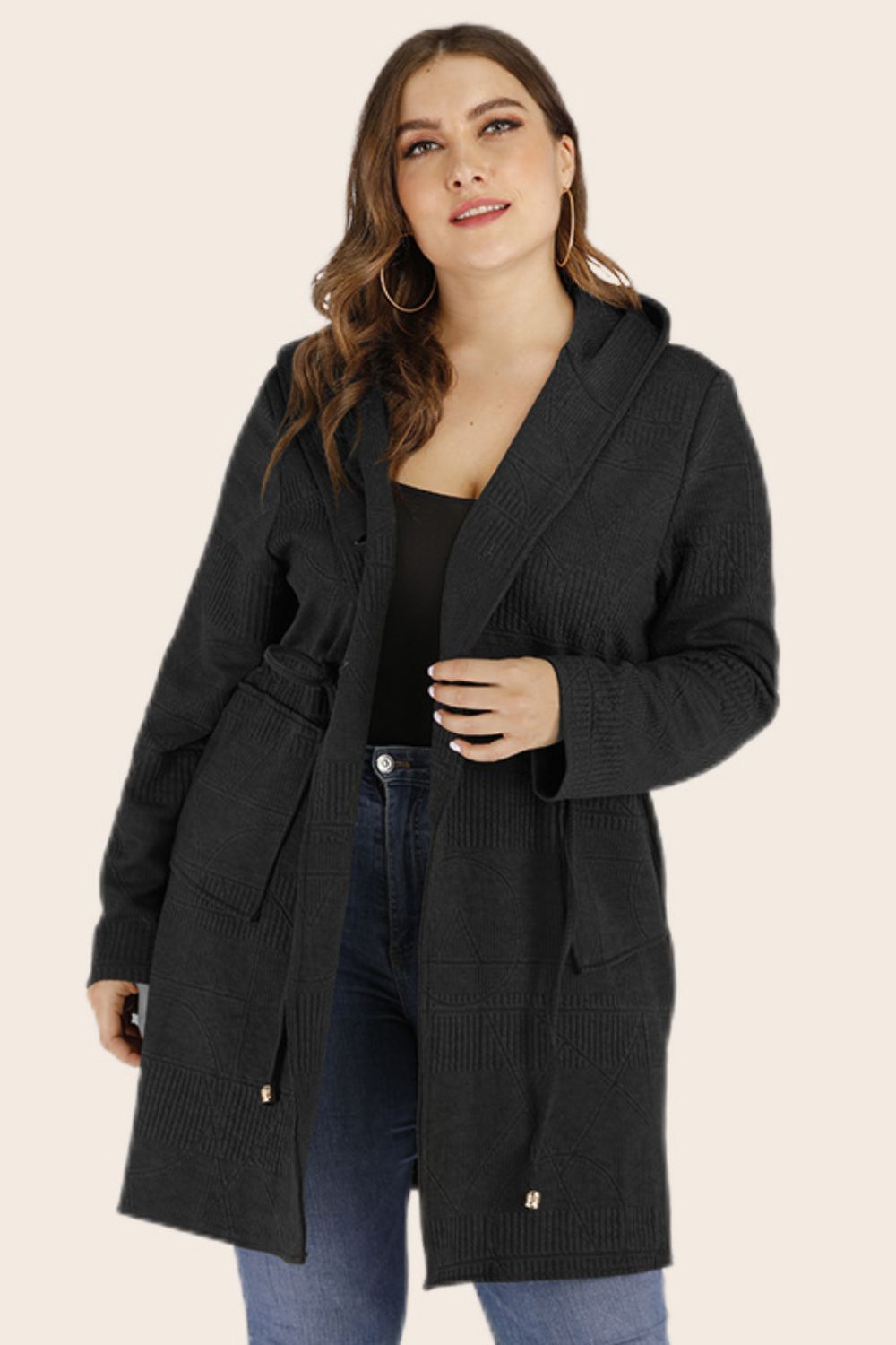 Plus Size Drawstring Waist Hooded Cardigan with Pockets COCO CRESS