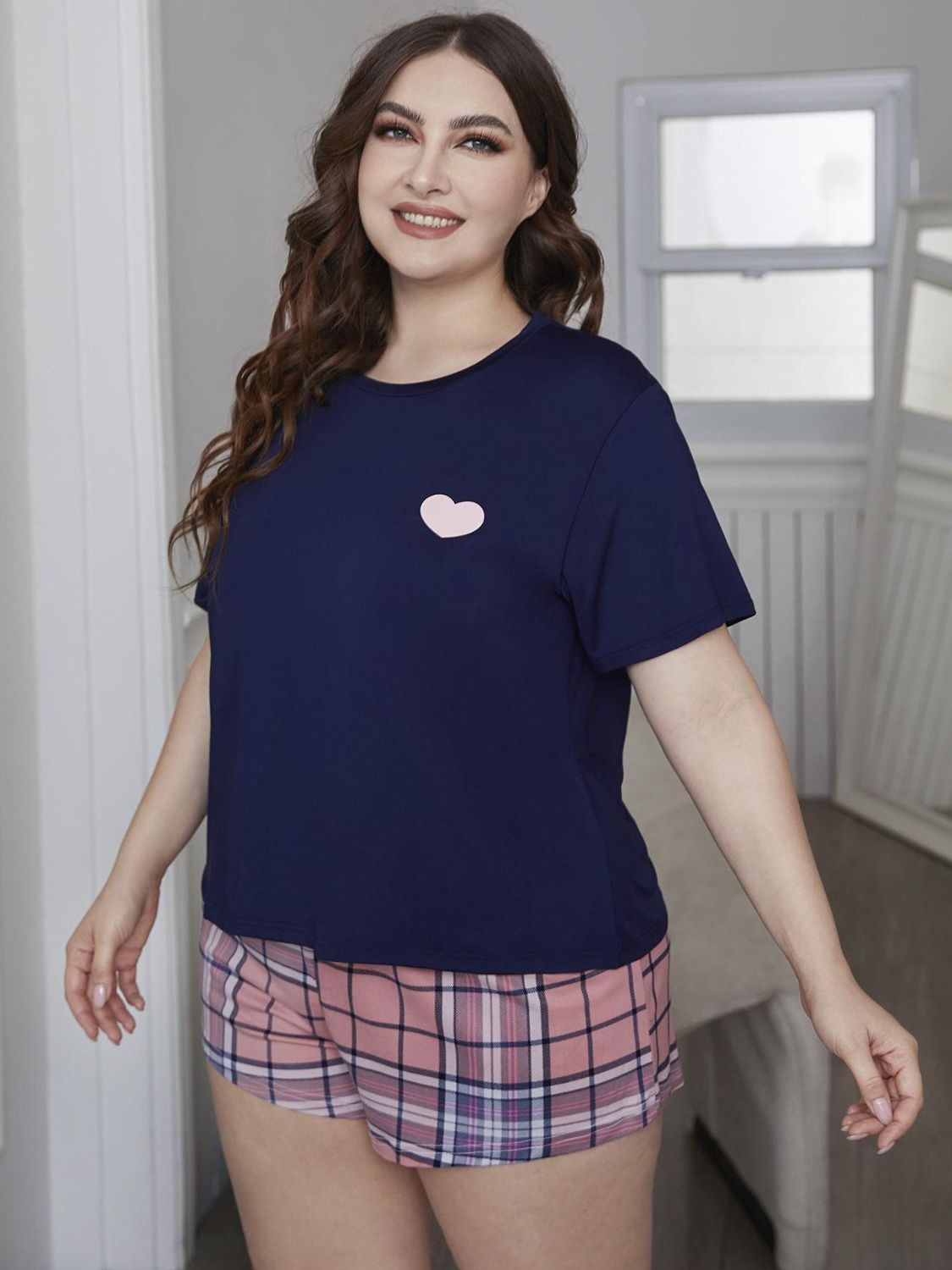 Plus Size Heart Graphic Top and Plaid Shorts Loungewear Set COCO CRESS