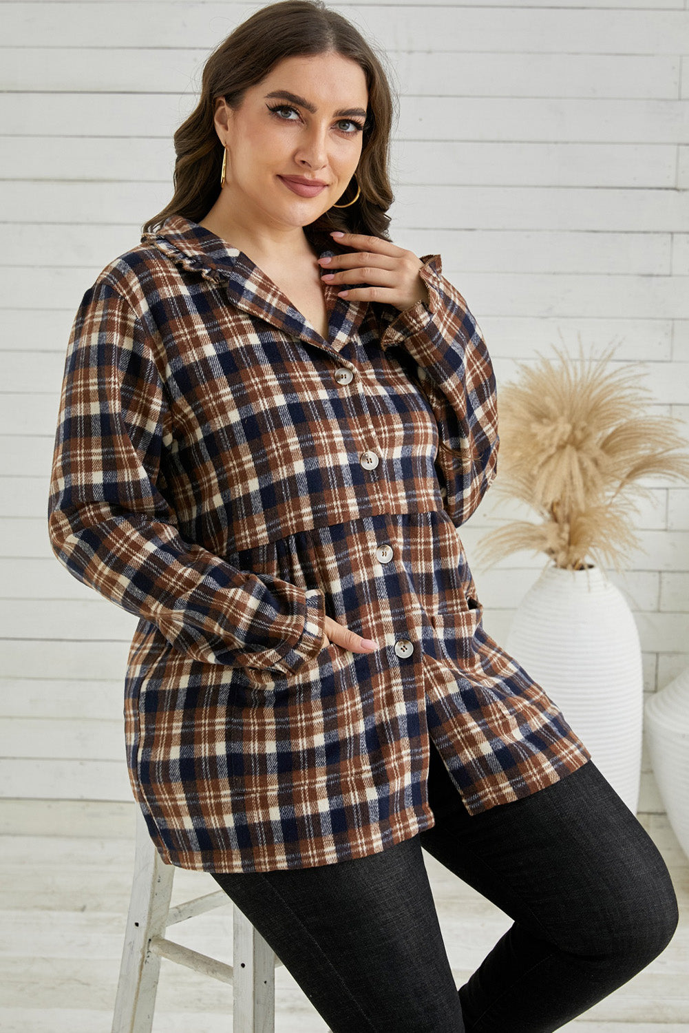 Plus Size Plaid Buttoned Collared Shacket COCO CRESS