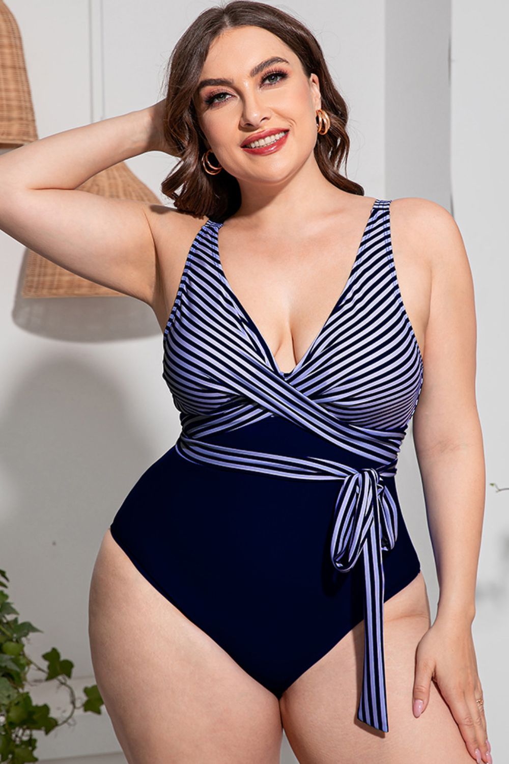 Plus Size Striped Tie-Waist One-Piece Swimsuit COCO CRESS