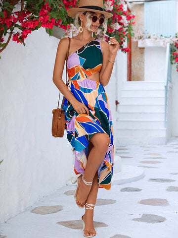 Printed Cutout One-Shoulder Sleeveless Dress COCO CRESS