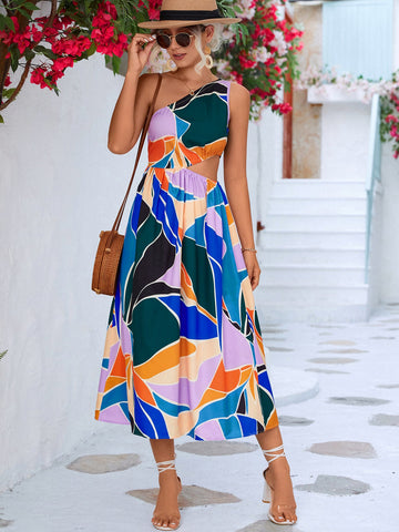 Printed Cutout One-Shoulder Sleeveless Dress COCO CRESS