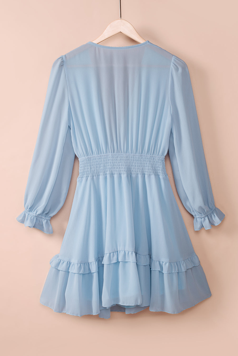 Tied Plunge Smocked Waist Flounce Sleeve Dress COCO CRESS