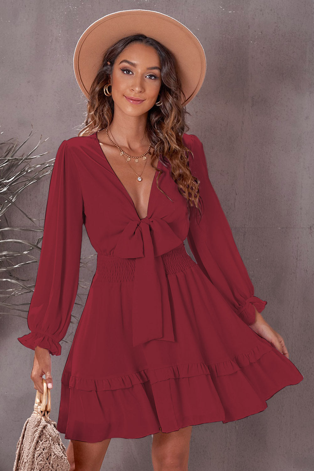 Tied Plunge Smocked Waist Flounce Sleeve Dress COCO CRESS