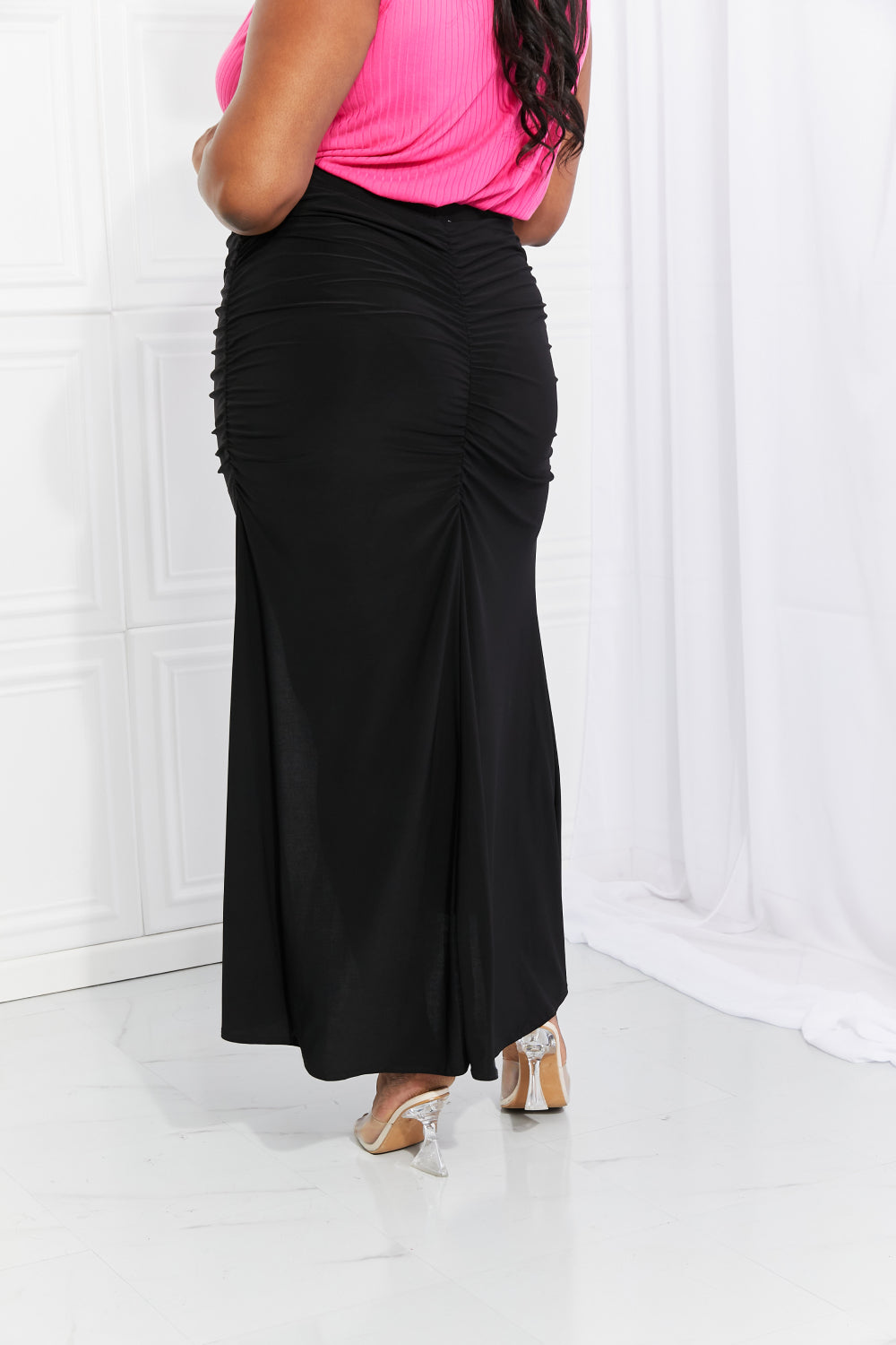 White Birch Full Size Up and Up Ruched Slit Maxi Skirt in Black COCO CRESS