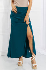 White Birch Full Size Up and Up Ruched Slit Maxi Skirt in Teal COCO CRESS