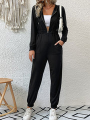 Zip Up Elastic Waist Hooded Jogger Jumpsuit COCO CRESS