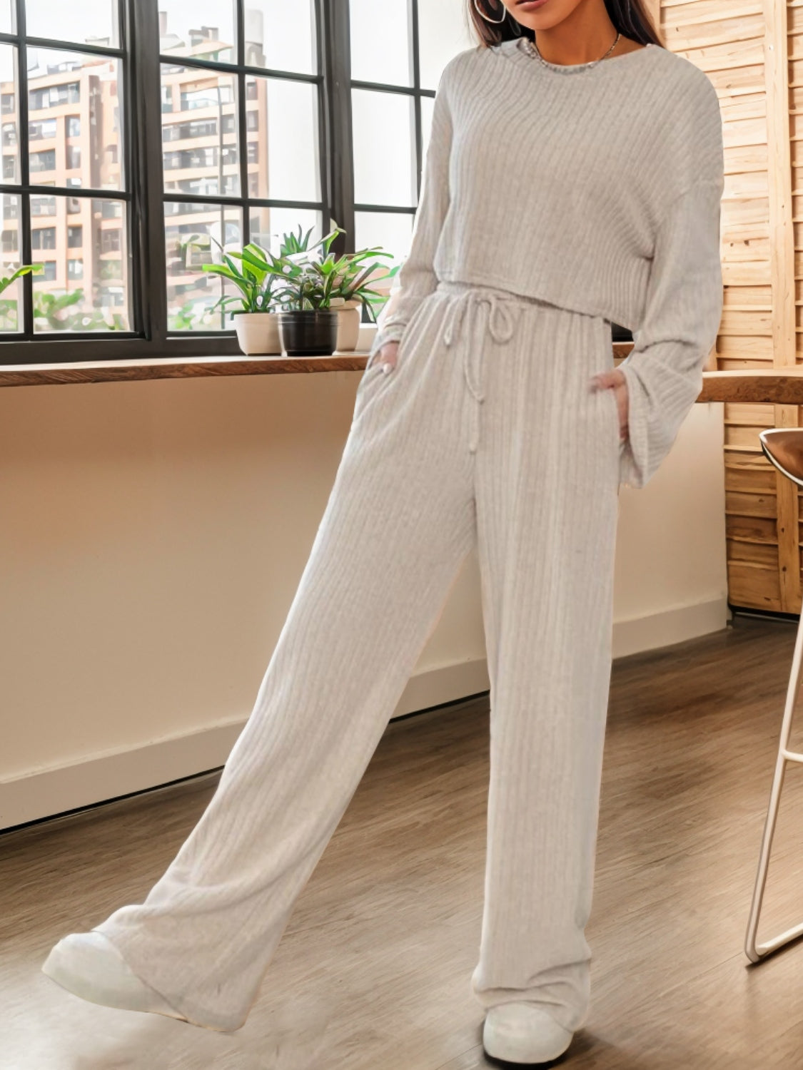 Ribbed Round Neck Top and Drawstring Pants Set