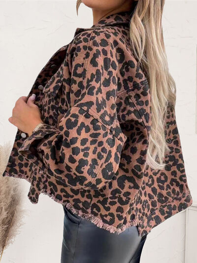 Leopard Raw Hem Dropped Shoulder Denim Jacket