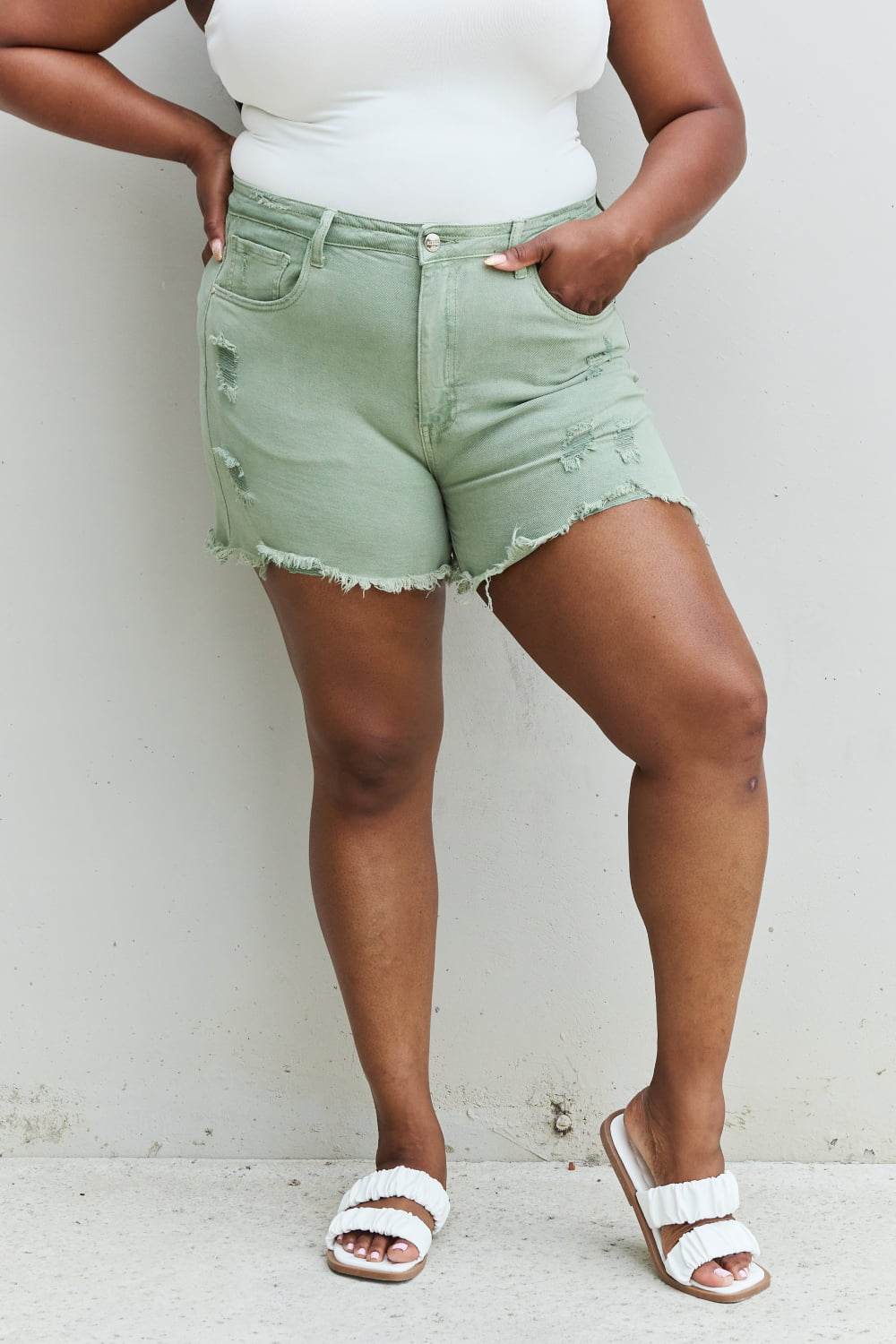 RISEN Katie Full Size High Waisted Distressed Shorts in Gum Leaf