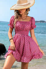 Polka Dot Square Neck Smocked Waist Dress