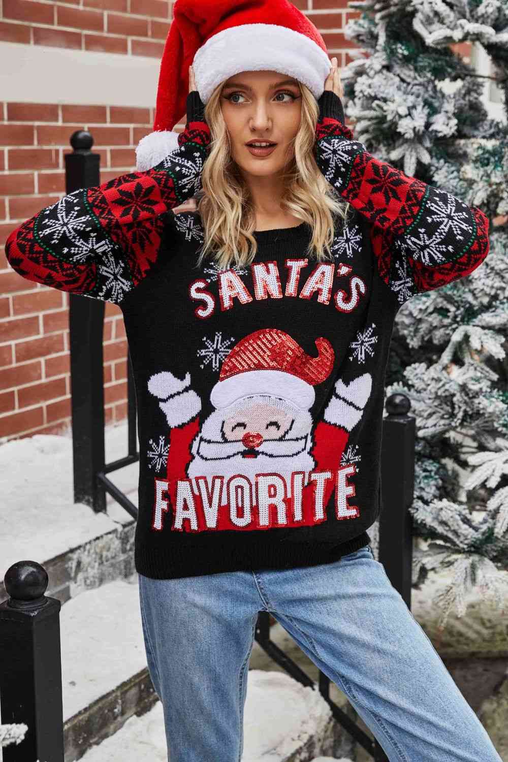 Christmas SANTA'S FAVORITE Round Neck Sweater