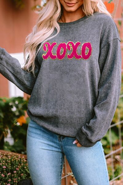 XOXO Sequin Round Neck Dropped Shoulder Sweatshirt